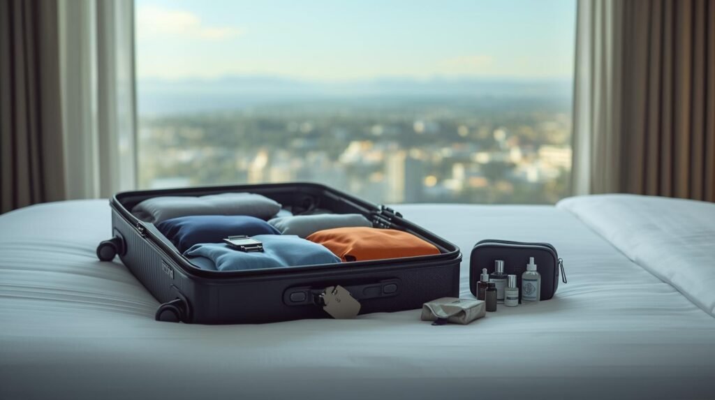 Mala aberta em cima de cama do hotel