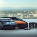 Mala aberta em cima de cama do hotel