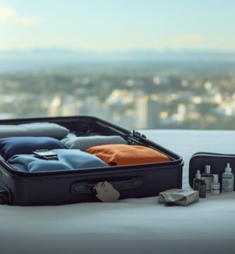 Mala aberta em cima de cama do hotel